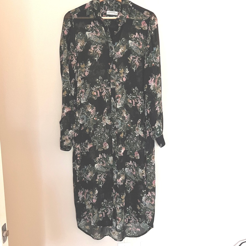 Zara Woman Sheer Floral Midi Shirt Dress Black Green Long Sleeve Lagenlook Small